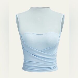 Commense Sky Blue Semi-Sheer Mesh Panel Wrap Top